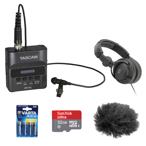 Tascam DR-10L Portable Digital Audio Recorder with Lavalier Microphone, 32GB Memory Card, Studio Headphones, 4pck Battery & Windscreen Bundle