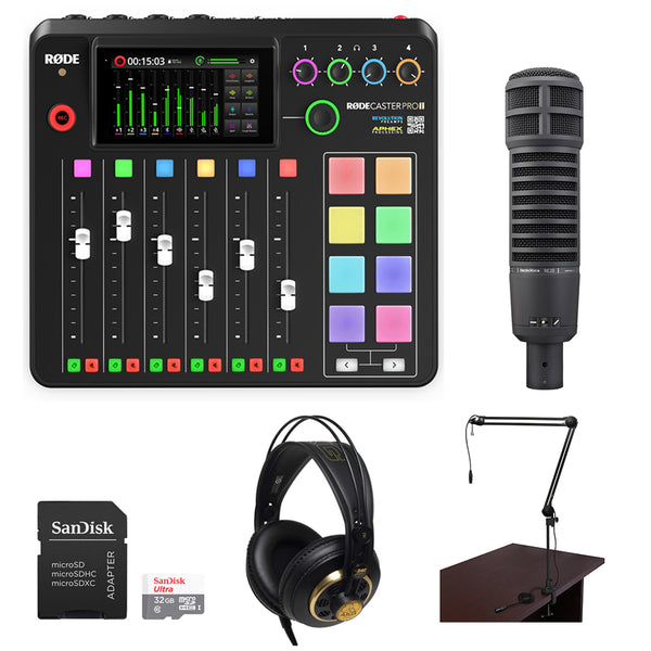 RØDECaster Pro II 2-Person Bundle with Electro-Voice RE20 Broadcast Mic, Auray BAI-2X Two-Section Broadcast Arm, AKG K240 Pro Headphones, and 32GB Memory Card