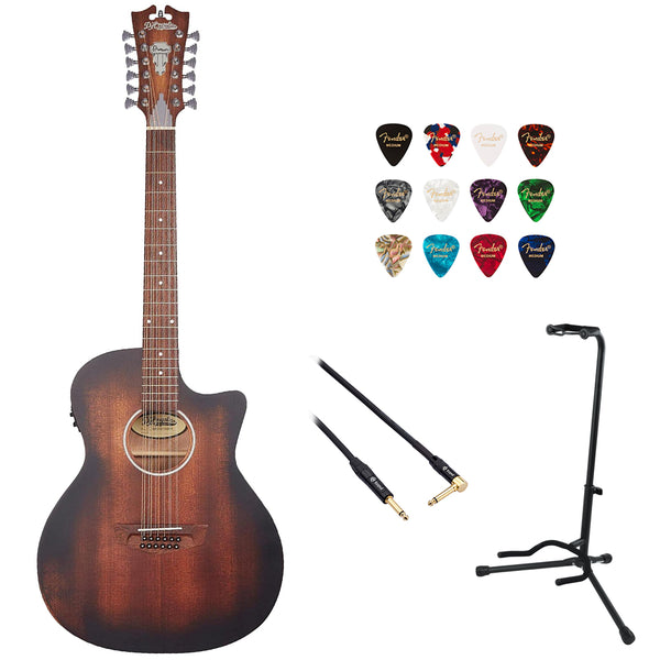 D'Angelico Electro Acoustic 12 String Electric Guitar, Right, Aged Mahogany (DAPLSG212AGDCP) Bundle with Fender 12-Pack Guitar Picks, Kopul Phone to Phone (1/4") Cable and Hosa 6" Coupler