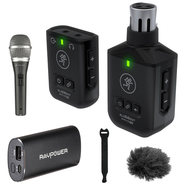 Mackie EleMent Wave XLR Compact Digital Wireless Plug-On Microphone System Bundle with RAVPower Luster 6700mAh External Battery Charger, Polsen M-85 Pro Microphone, Fuzzy Windbuster, and Straps