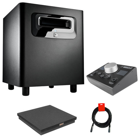 JBL LSR310S 200W Powered Subwoofer Bundle with Mackie Big Knob Controller, Stabilizer & XLR Cable
