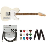 Squier by Fender Affinity Series Telecaster, Indian Laurel fingerboard (Olympic White) Bundle with Fender 10ft Cable (Straight/Straight), Guitar 12-Pack Picks, and 2" Guitar Straps