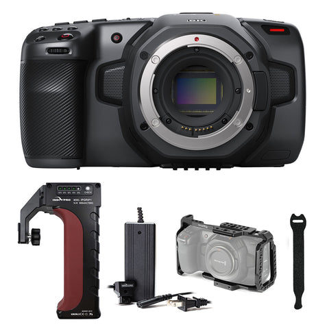 Blackmagic Design Pocket Cinema Camera 6K with IndiPRO Power Grip, D-Tap Battery Charger, Full Frame Cage & Straps Bundle