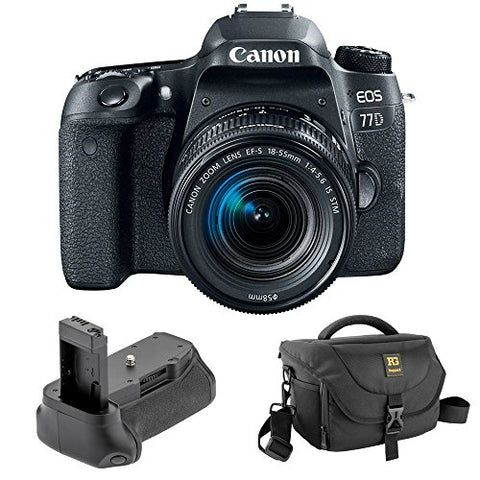 Canon EOS 77D DSLR Camera with 18-55mm Lens with Vello BG-C15 Battery Grip and Journey 34 DSLR Shoulder Bag (Black)