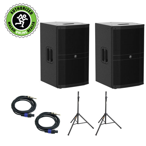 Mackie DRM212-P 1600W 12" Professional Passive Loudspeaker, (Pair) with (2) PPSJ15 12 Gauge 15' Speaker Cable & (2) Steel Speaker Stand Bundle