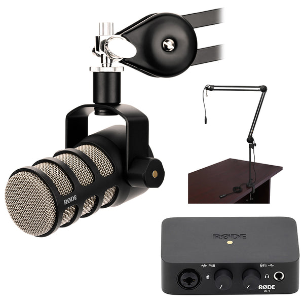 Rode PodMic Dynamic Podcasting Microphone Bundle with Rode AI-1 Studio-Quality USB Audio Interface and Auray BAI-2X Two-Section Broadcast Arm