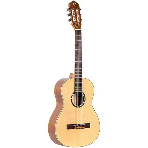 Ortega Guitars 6 String Family Series 3/4 Size Nylon Classical Guitar with Bag, Right-Handed, Spruce Top-Natural-Satin, (R121-3/4)