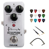 NUX Sculpture Mini Compressor Guitar Effects Pedal Bundle with Kopul 10' Instrument Cable, Strukture S6P48 6" Patch Cable Right Angle, and Fender 12-Pack Picks