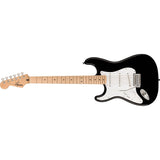 Squier Sonic Stratocaster Electric Guitar Black, Maple Fingerboard, White Pickguard, Left-Handed Bundle with Fender Logo Guitar Strap Black, Fender 12-Pack Celluloid Picks, and Straight/Angle Instrument Cable