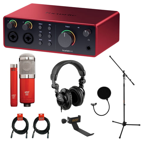 Focusrite Scarlett 4i4 USB-C Audio/MIDI Interface (4th Gen) Bundle with Studio Monitor Headphones, MXL 550/551 Microphone Ensemble Kit, Pop Filter, Mic Stand, Headphone Holder and 2x XLR Cable `