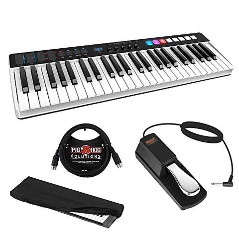 IK Multimedia iRig Keys I/O Controller/Audio Interface with FP-P1L Piano-Style Sustain Pedal, Keyboard Dust Cover (Small, 49 to 61 Keys) & 6ft MIDI Cable Bundle