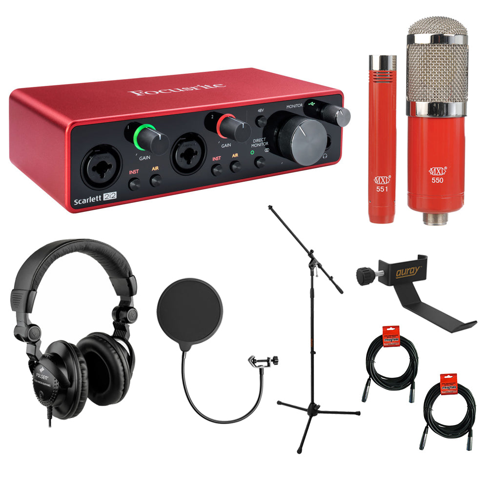 Focusrite Scarlett 2i2 3rd Gen 2-in, 2-out USB Audio Interface with MXL  550/551 Mic Ensemble (Red), Headphones, Pop Filter, Headphone Holder, Mic 