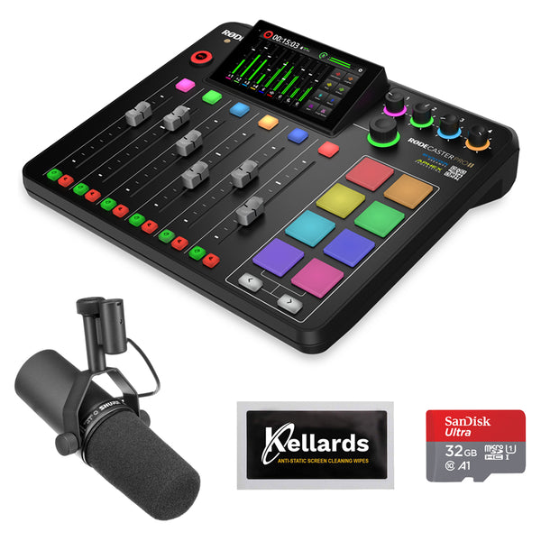 Rode RODECaster Pro II Integrated Audio Production Studio Bundle with Shure SM7B Vocal Microphone, 32GB Memory Card, and 5-Pack Screen Cleaning Wipes