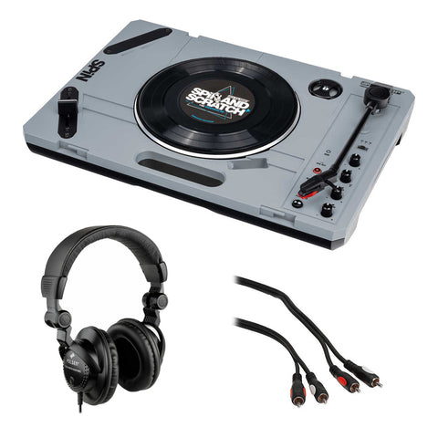 Reloop SPiN Portable Turntable System with Scratch Vinyl with Polsen HPC-A30 Studio Headphones & Male Audio Cable (6') Bundle
