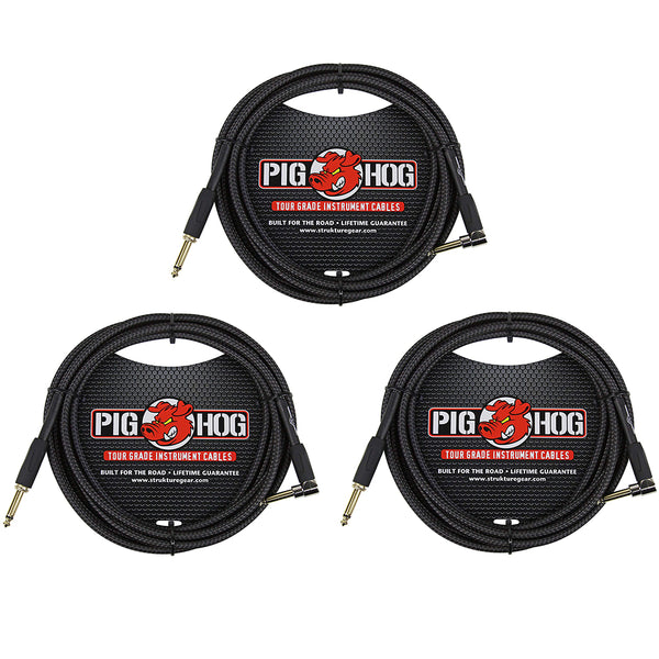 Pig Hog PC-H10BKR 1/4" Right-Angle to 1/4" Black Woven Guitar Instrument Cable, 10 Feet (3-Pack)