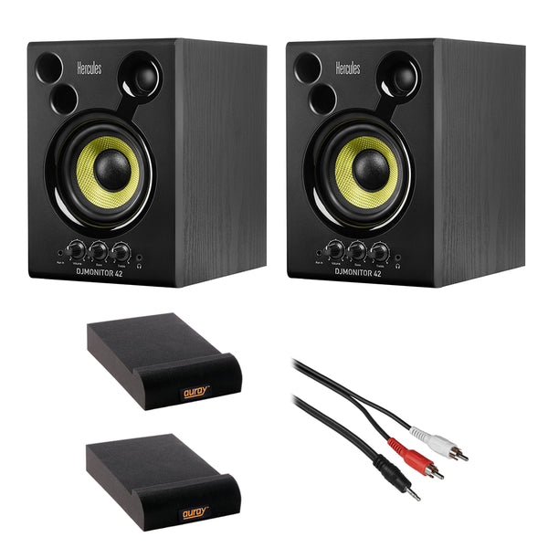 Hercules DJMonitor 42-4" Active Multimedia Speakers (Pair) with Isolation Pad (Small, Pair) & Stereo Male RCA Y-Cable 3' Bundle