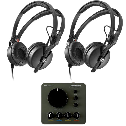 Sennheiser HD 25 Monitor Headphones (Pair) Bundle with Deersync H4 4-Channel Pro Studio Headphone Amplifier