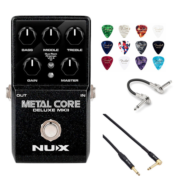 NUX Metal Core Deluxe mkII Hi Gain Distortion Pedal with 3 Amps/IR's Bundle with Kopul 10' Instrument Cable, Hosa 6" Guitar Patch Cable and Fender 12-Pack Guitar Picks