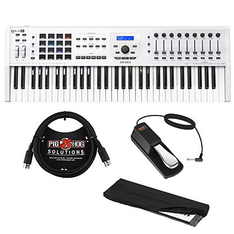 Arturia KeyLab MKII 61 Professional MIDI Controller and Software (White) with 6ft MIDI Cable, Sustain Pedal & Keyboard Dust Cover (Medium) Bundle