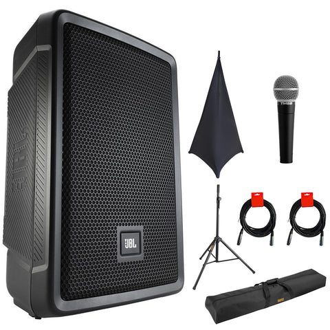 JBL IRX108BT Compact Powered 8" Portable Speaker (Bluetooth) Bundle with On-Stage SSA100 Speaker Stand Skirt, Auray Adjustable Speaker Stand, 51" Stand Bag, Vocal Mic, and 2x XLR-XLR Cable