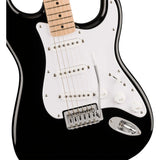 Squier Sonic Stratocaster Electric Guitar, Black, Maple Fingerboard, White Pickguard Bundle with Fender Logo Guitar Strap Black, Fender 12-Pack Celluloid Picks, and Straight/Angle Instrument Cable