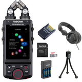 Tascam Portacapture X8 6-Input Handheld Multitrack Recorder Bundle with TASCAM AK-BT1 Bluetooth Adapter, 32GB Memory Card, Tripod, Studio Headphones and Rapid Charger with 4 AA NiMH Batteries