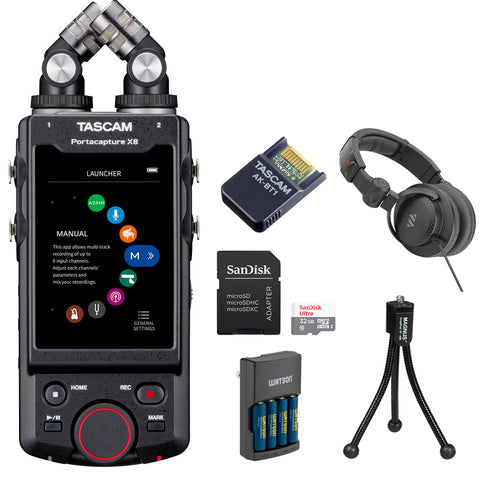 Tascam Portacapture X8 6-Input Handheld Multitrack Recorder Bundle with TASCAM AK-BT1 Bluetooth Adapter, 32GB Memory Card, Tripod, Studio Headphones and Rapid Charger with 4 AA NiMH Batteries