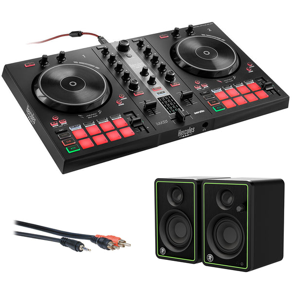 Hercules DJ Control Inpulse 300 2-Deck USB DJ Controller for Serato DJ Lite and DJUCED Bundle with Mackie CR3-X  Multimedia Monitors (Pair, Black) and 6' Mini to RCA Cables