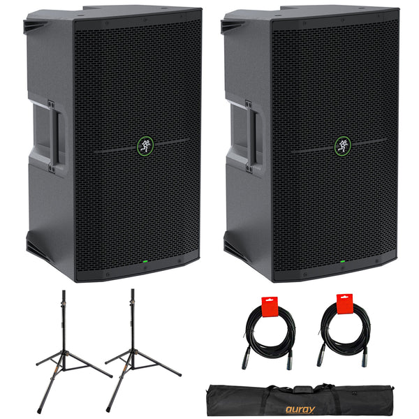 Mackie Thump215XT 1400W 15" Powered PA Loudspeaker System with DSP and Bluetooth (Pair) Bundle with Auray SS-47S-PB Steel Speaker Stands, Carrying Case, and 2x XLR-XLR Cable