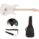 Squier Sonic Stratocaster HT Electric Guitar, with Arctic White, Maple Fingerboard, White Pickguard Bundle with FE620 Electric Guitar Gig Bag, 351 Classic Guitar Picks, and Straight/Angle Cable