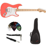 Squire Sonic Stratocaster Electric Guitar, Tahitian Coral, Maple Fingerboard, White Pickguard Bundle with FE620 Electric Guitar Gig Bag, 351 Classic Guitar Picks, and Straight/Angle Cable