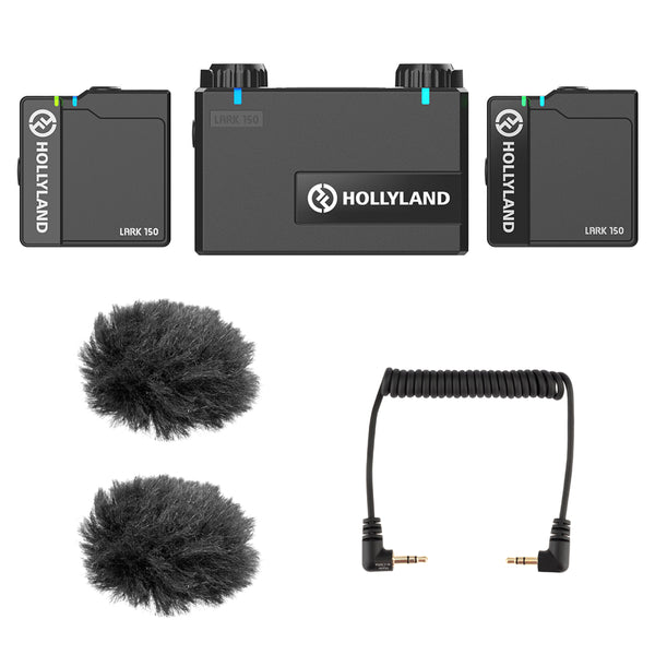 Hollyland LARK 150 Wireless Dual Microphone System Bundle with 2x Fuzzy Windbuster & Mini to Mini Cable